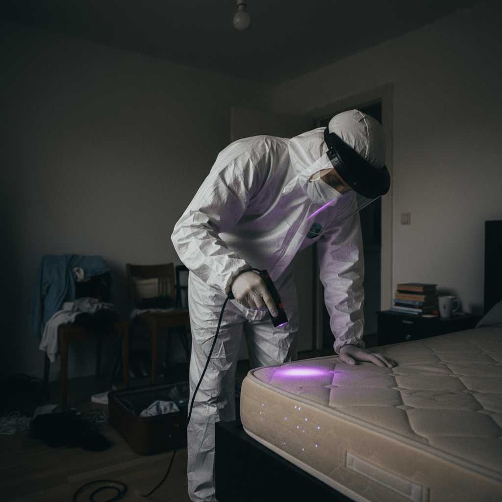 Zertifizierter Handwerker bei der Bekämpfung von Bettwanzen in einem Schlafzimmer